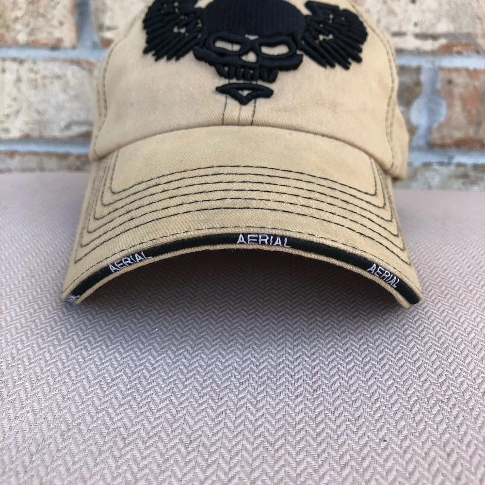 Aerial Tan Black Bold‎ Skull With Wings Adjustable Baseball Hat Cap_3